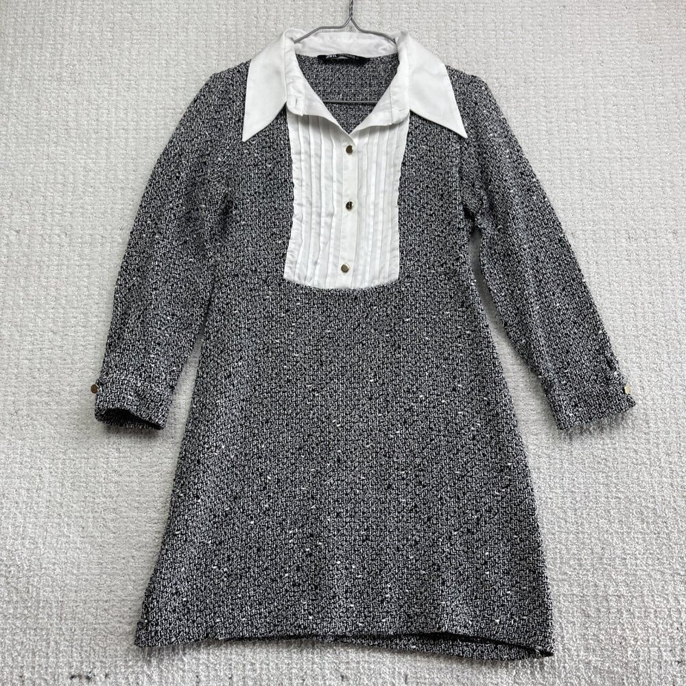 Zara Black and White Tweed-Inspired Long Sleeve Dress with Contrast Collar